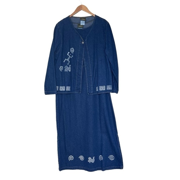 VTG BLUE CACTUS Aztec Short Sleeve Maxi Denim Dress and Jacket Women's Size 1X - Picture 1 of 16
